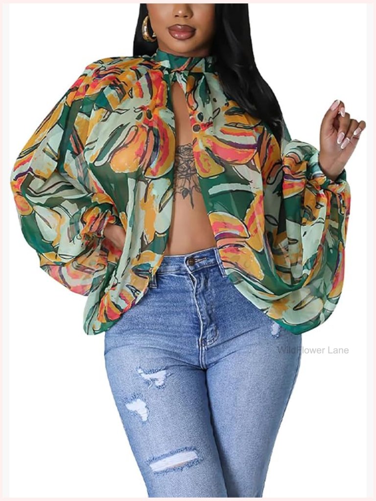 Womens Print Open Back Sheer Chiffon Balloon Sleeve Blouse Top Coverup